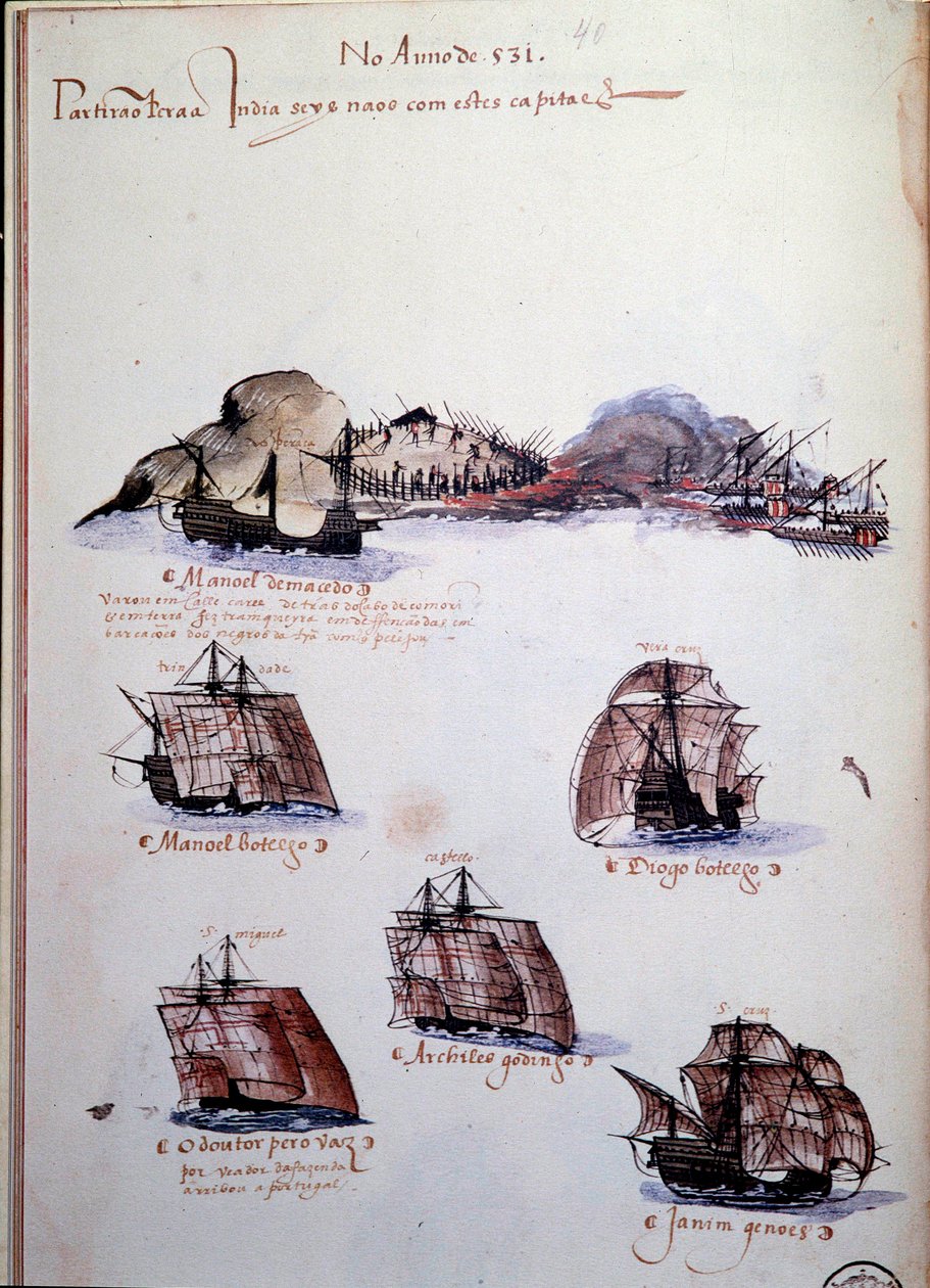 Manuscript page “” Memories of the armadas of Portugal under King Manuel I (1469-1521)” representing the Portuguese fleets of the year 1497. 1500 Lisbon, National Museum of Ancient Art 作者 葡萄牙语学校