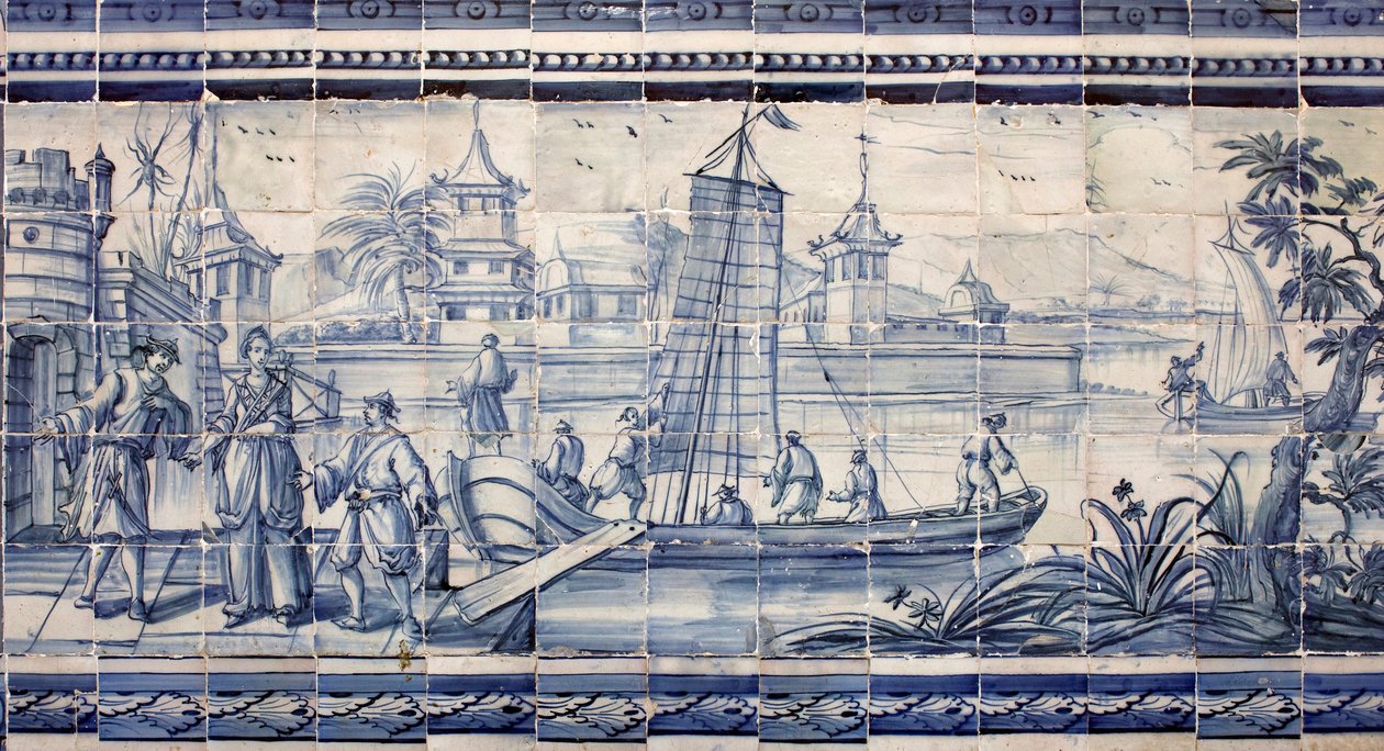 亚洲河岸上的场景 - Azulejos，彩绘彩陶 作者 葡萄牙语学校