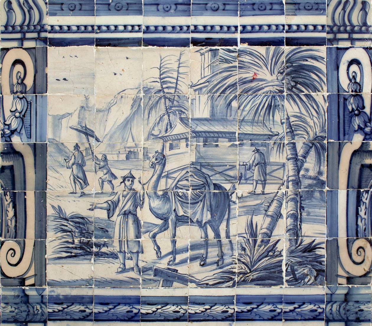 亚洲骆驼的场景--Azulejos，彩绘辉石 作者 葡萄牙语学校