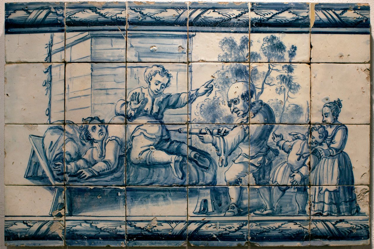 The doctor doing an enema to a patient - Satirical panel of Lisbon, first half 18th century (Physician - Satirical panel, first half 18th century) - Musee national des azulejos, Lisbon (Portugal) 作者 葡萄牙语学校