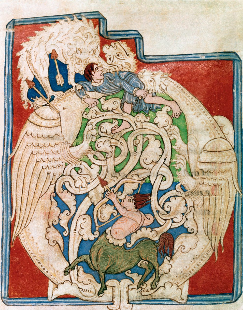 用狩猎半人马的代表包裹 O。 取自 Sancta Cruz de Coimbra 的“旧约”（Testamentum vetus）的缩影。 12世纪。 波尔图市图书馆 作者 葡萄牙语学校