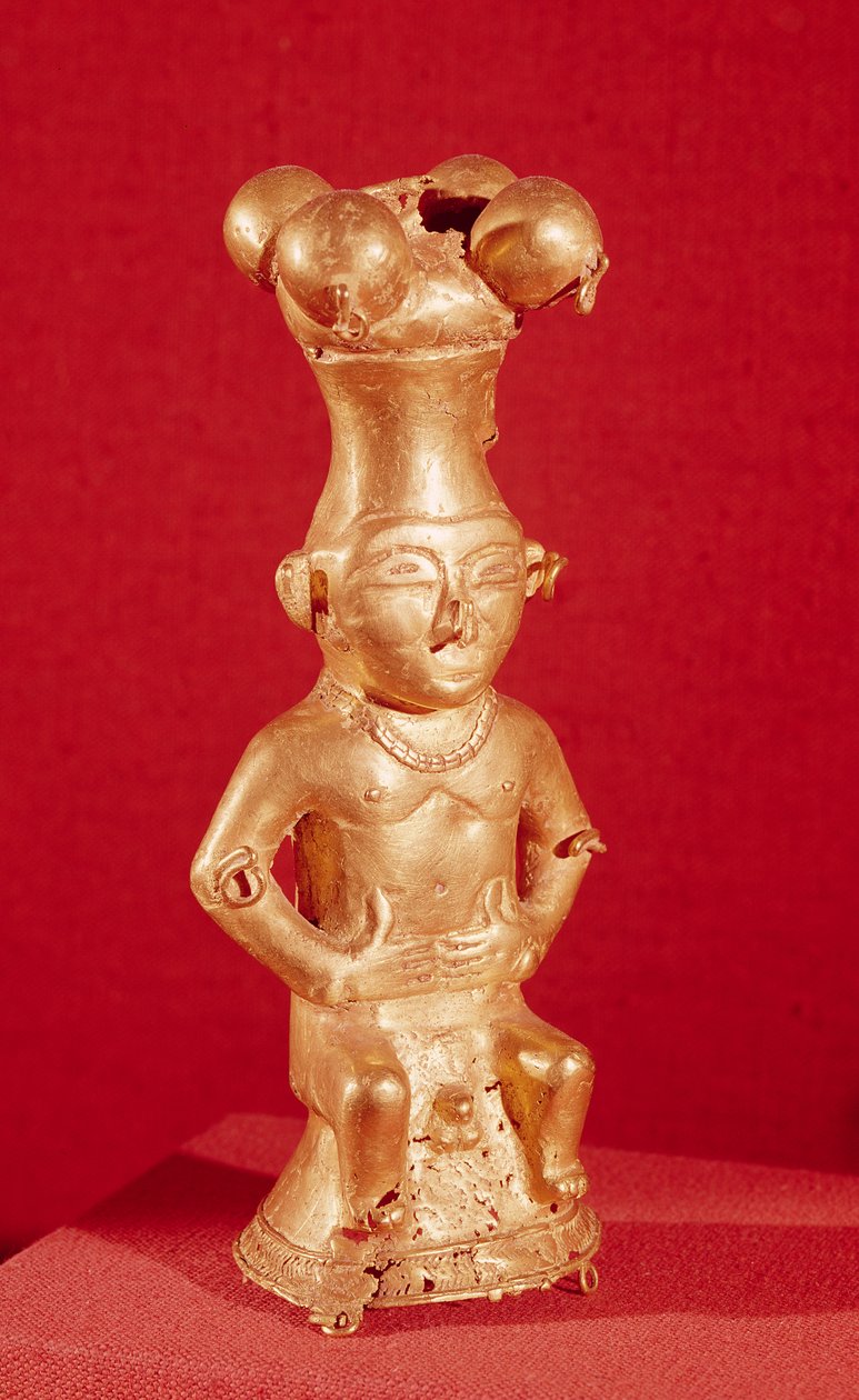 Quimbaya容器，坐着的男人，来自哥伦比亚（金） 作者 前哥伦比亚