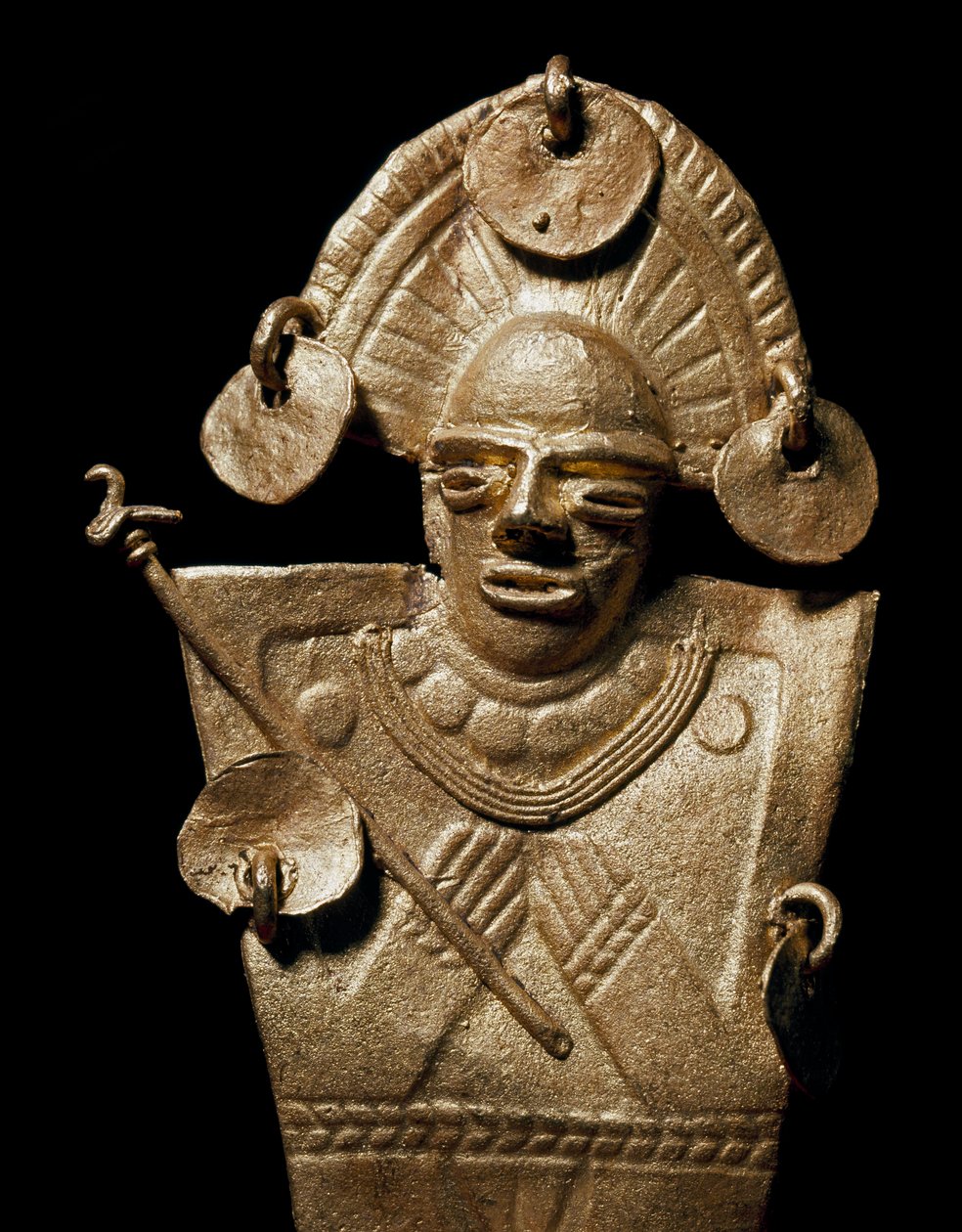 Precolombian art, Muisca civilization: statuette of woman (Tunjo) in gold ceremonial costume. 15th-17th century. Bogota, Museo de Oro, Colombia - Pre-Columbian art, Muisca culture (15th-17th AD): gold statue of a tunjo, a woman wearing a ceremonial costume 作者 前哥伦比亚