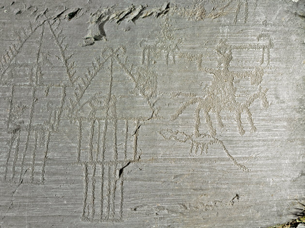史前时期，卡蒙尼文明，岩画：墓岩上有村庄的日常生活场景，高跷小屋，湖边房屋，狗，鸟，鹿和骑马的人。新石器时代和青铜时代之间的时期。罗什。35 Capo di Ponte, Parco nazionale de 作者 史前史前