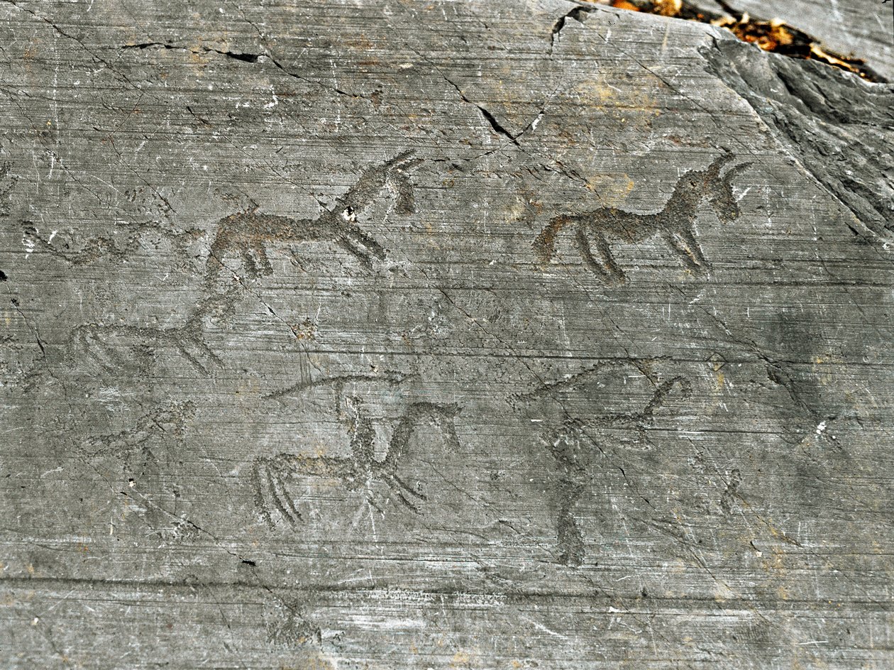 Zotsogola, chitukuko cha Camunni, luso lamiyala: thanthwe lamanda lakusaka, msaki amaliza mkondo. Nthawi pakati pa Neolithic ndi Bronze Age. Capo di Ponte, Naquane Rock Engravings National Park, Valcamonica, Val Camonica, Ital 作者 史前史前