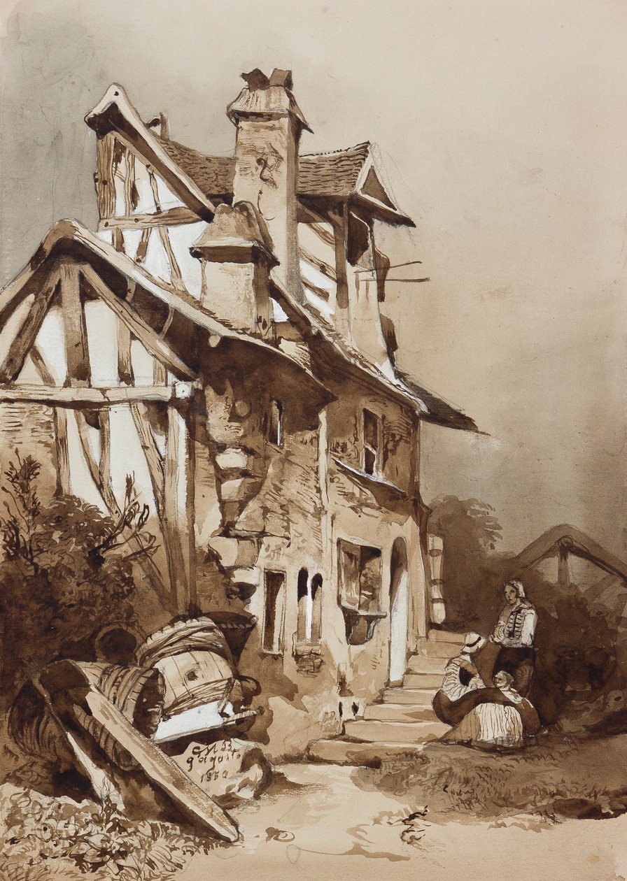 一个风景如画的法国北部小屋，由教练，1854铅笔，棕褐色洗涤和水粉在纸上添加 作者 盖塔诺亲王玛丽亚·费德里科·迪·博本