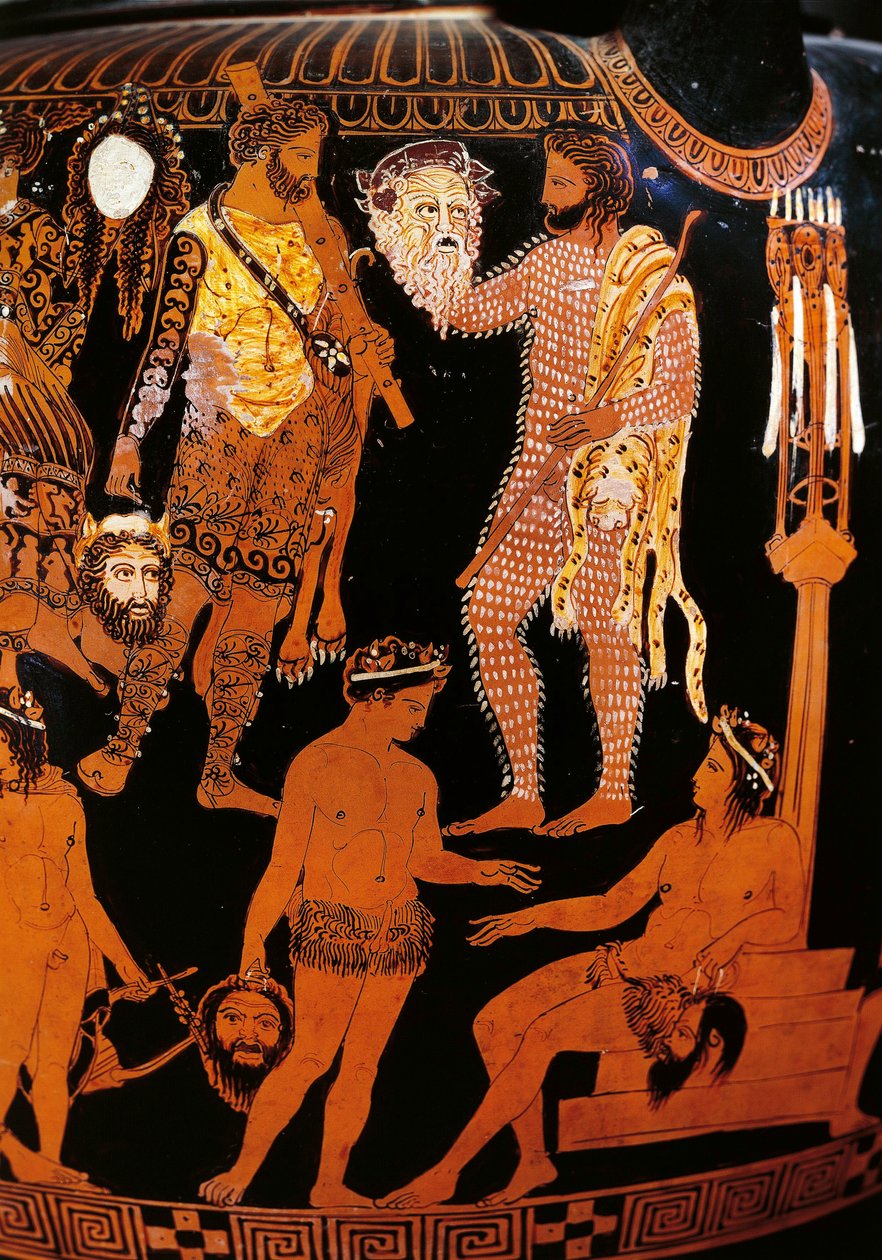 Pronomos 花瓶，带有红色人物的火山口。 详细描绘赫拉克勒斯 (Heracles)，在狄俄尼索斯和阿丽亚娜在场的情况下准备一部讽刺剧，人物拿着剧院面具。 公元前 400 年。 那不勒斯，国家考古博物馆 作者 普罗莫诺斯画家