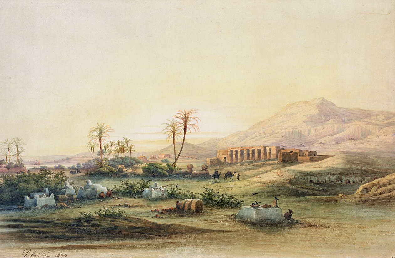 尼罗河谷与Seti I神庙的废墟，1844年（铅笔和纸上的wc） 作者 繁荣乔治·安托万·马里哈特
