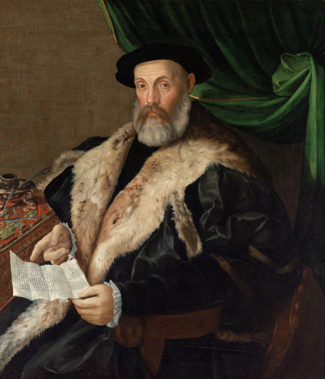 毛皮修剪外套的老年绅士的肖像 作者 Prospero Fontana