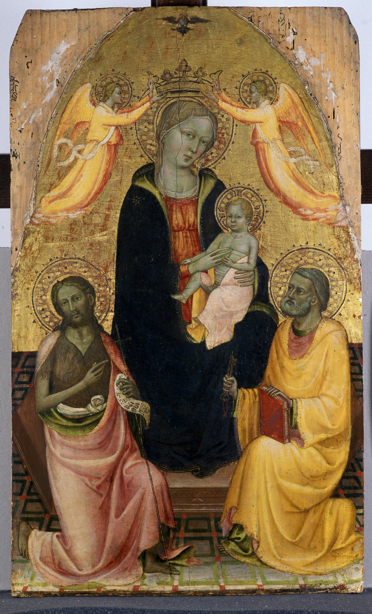 麦当娜和儿童被两位天使，施洗约翰和使徒彼得加冕，c.1410-20（白杨木上的蛋彩画） 作者 假秃头假秃头
