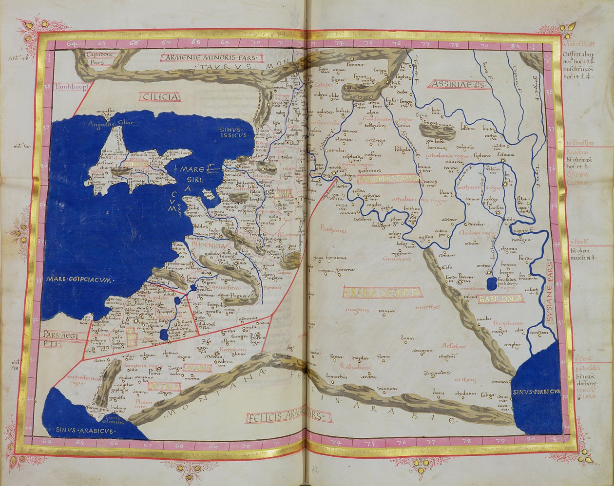 Lat 463 f.111v-112r女士地图腓尼基，美索不达米亚和巴比伦 作者 托勒密