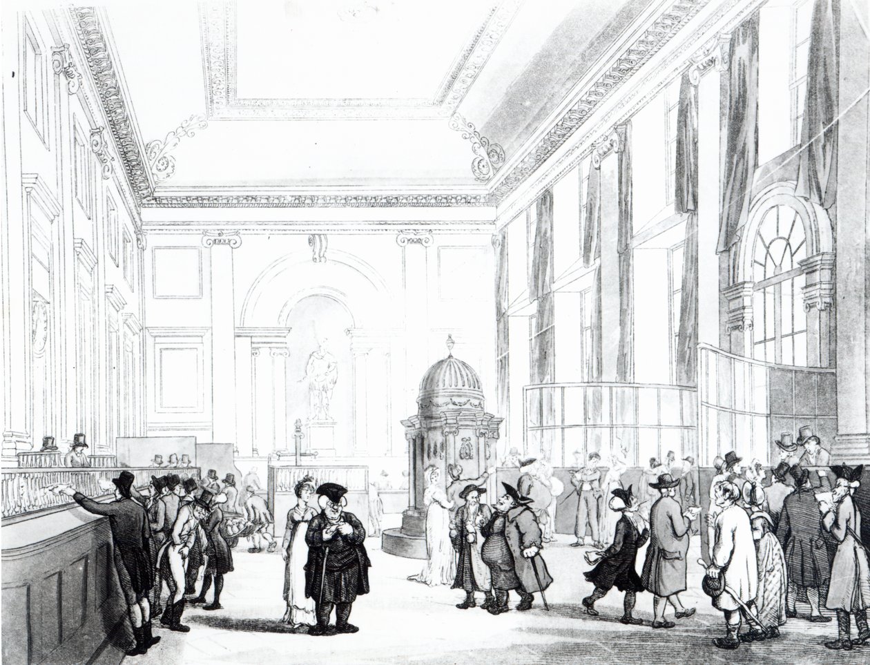 英国银行大厅，来自阿克曼的“伦敦微观世界”，1809年（aquatint） 作者 普金和罗兰森
