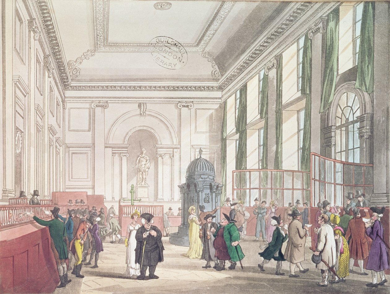 英国银行大厅，来自阿克曼的“伦敦微观世界”，1809年（aquatint） 作者 普金和罗兰森