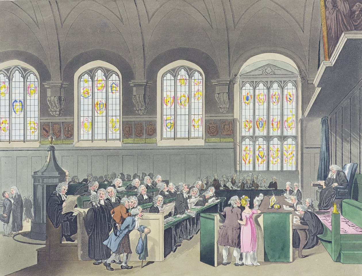 Court of Chancery，林肯的Inn Hall，由Constantine Stadler（fl.1780-1812）雕刻，1808年（彩色aquatint） 作者 普金和罗兰森