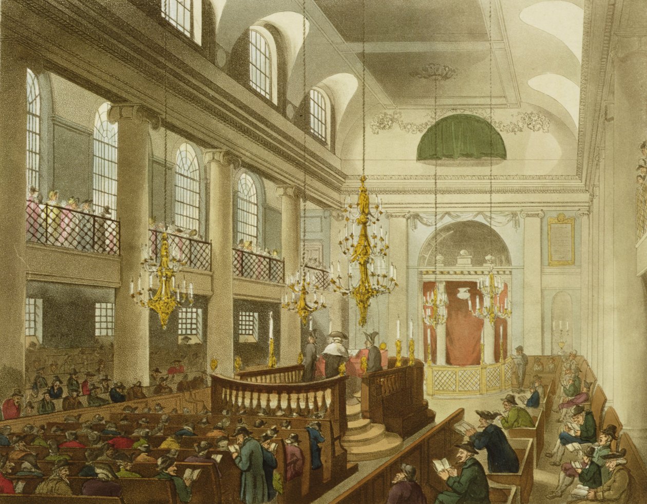 犹太教堂，Dukes Place，Houndsditch，来自Ackermann的“伦敦微观世界”，由桑德兰雕刻，1809年（aquatint） 作者 普金和罗兰森