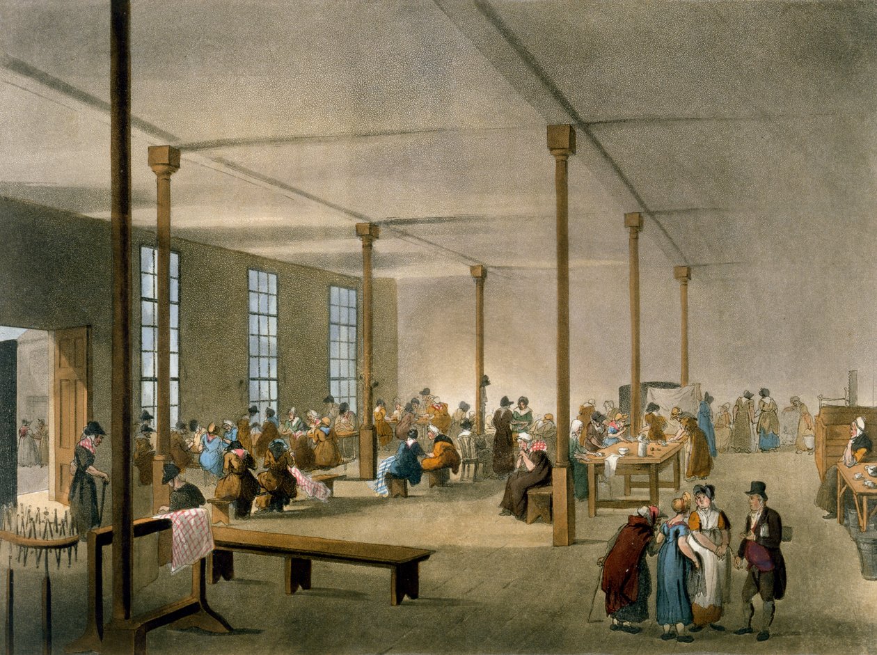 The Workhouse，St James，Parish，伦敦，来自Ackermann的“艺术资料库”，1809年（手工彩色） 作者 普金和罗兰森