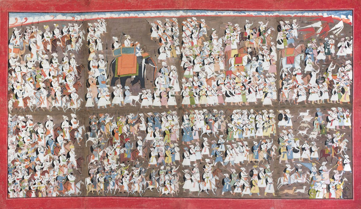Sansar Chand坐在一头大象上，步行和骑马包围着军队，1790年（纸上不透明的wc） 作者 普库