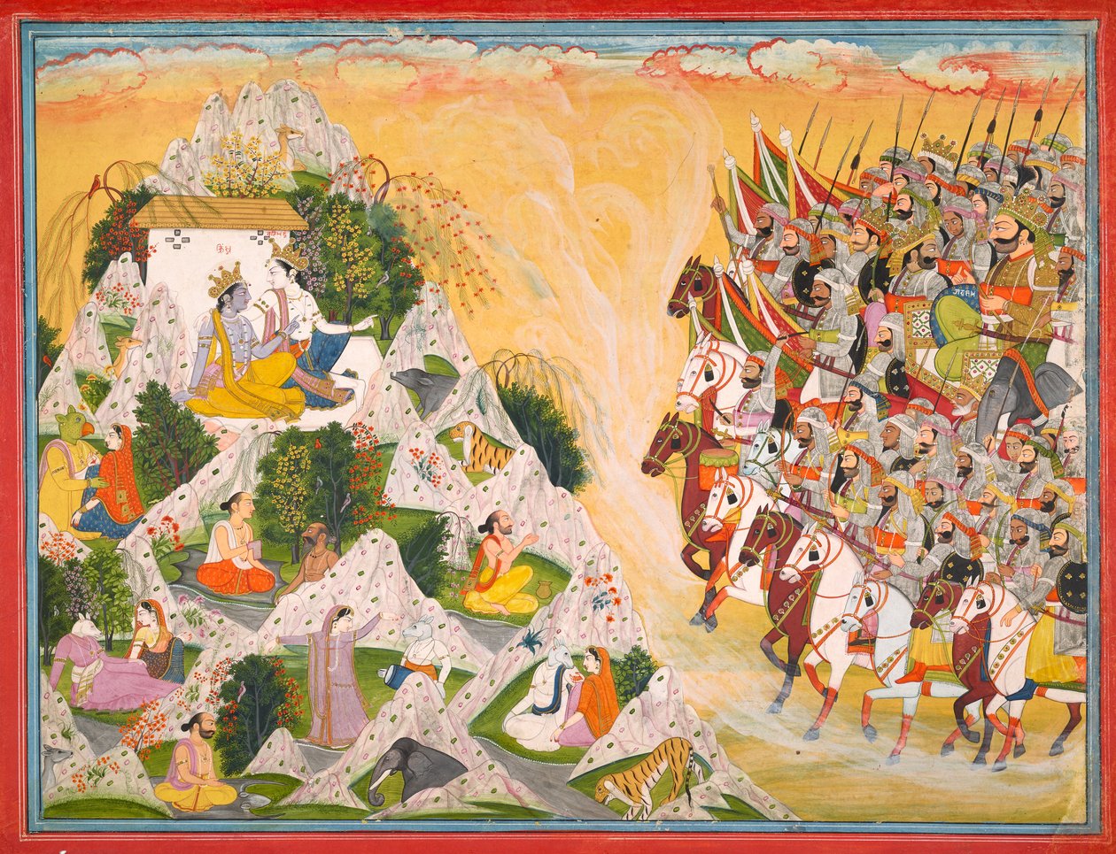 Jarasandha的军队从摩ab婆罗多（Mahabharata）朝着克里希纳和巴拉拉马前进，开本约于1800-1815年 作者 康格拉普库