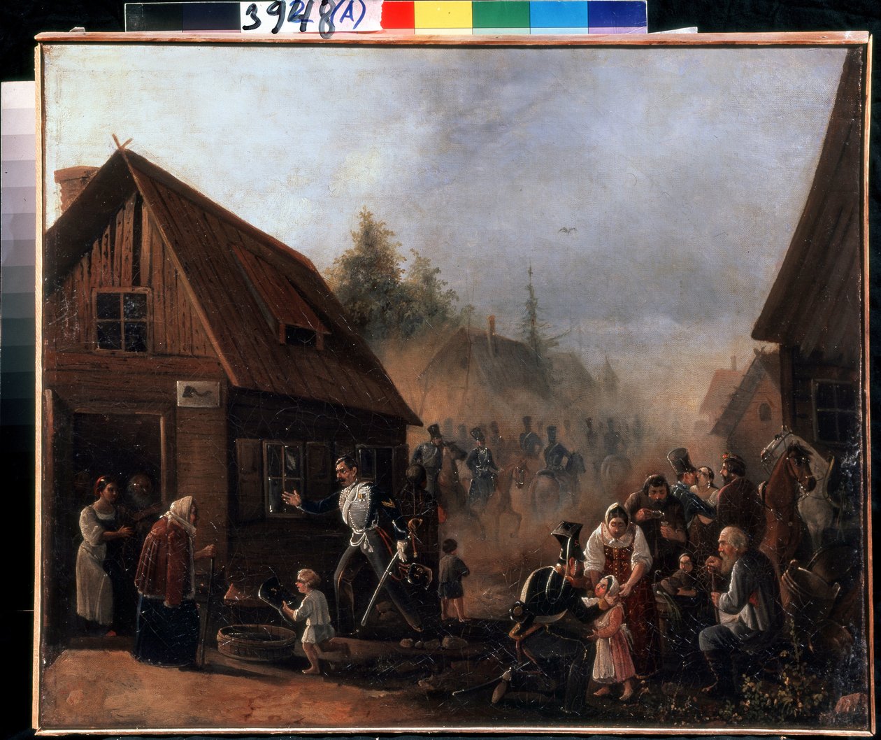 1812 年俄法战争场景。Pyotr Ilyich Baykov（1817-？）布面油画，45.3 x 55.5 厘米 作者 彼得·贝可夫（Pyotr Baykov）