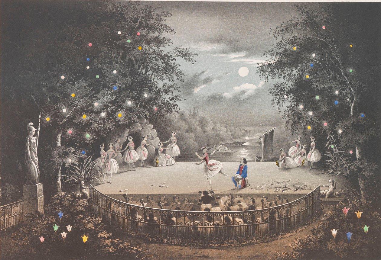 1851年，彼得·霍夫公园（CaféPugni）在粉红色亭子中的芭蕾舞剧《奈亚德与渔夫》。 作者 彼得·费奥多罗维奇·波雷尔（Pyotr Fyodorovich Borel）