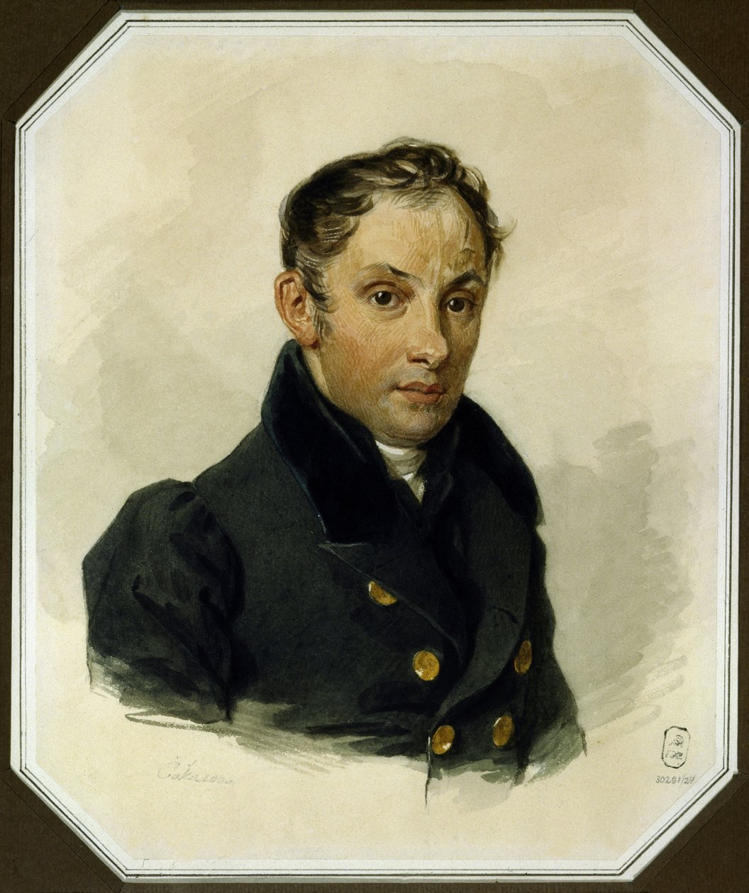 Portrait du poet Vassili Joukovski (1783-1852) (Vasily Zhukovsky) - Oeuvre de Pyotr Fyodorovich Sokolov (1791-1848) aquarelle sur papier (17x14 cm), vers 1820 - A. Pushkin Memorial Museum, Saint Petersbourg (Russie) 作者 彼得·费奥多罗维奇·索科洛夫