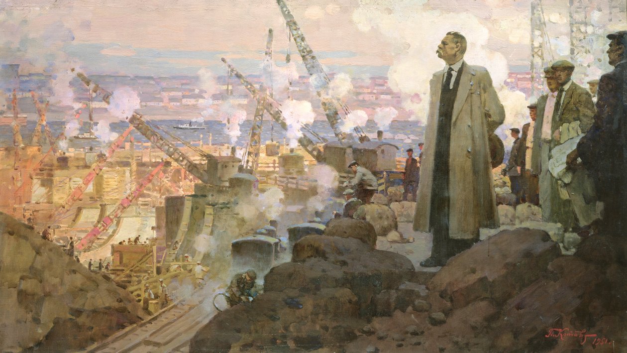 马克西姆-高尔基（1868-1936）在水力发电站 "第聂伯河 "建设现场 作者 彼得·伊万诺维奇·科托夫