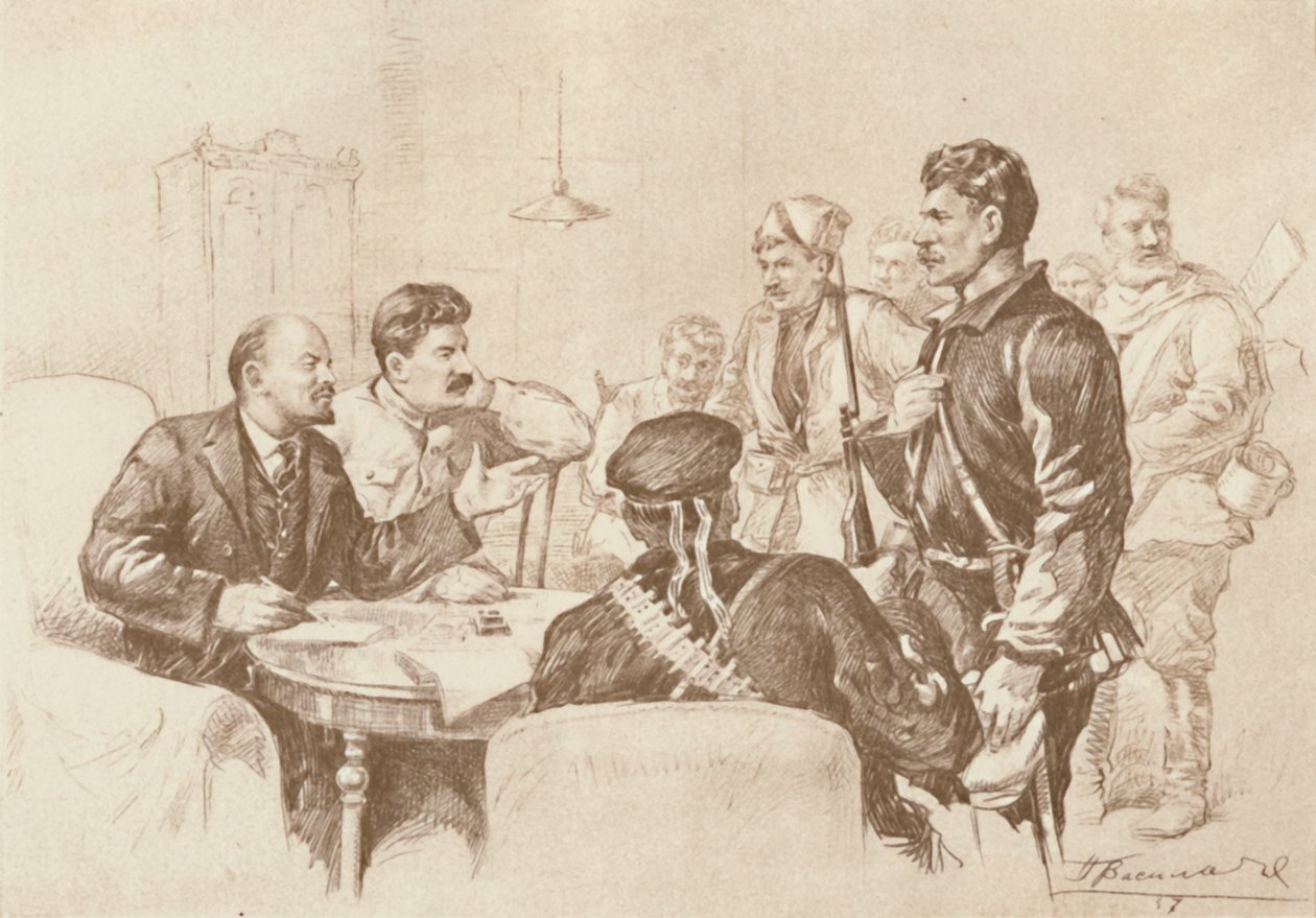 列宁和斯大林在1917年和1939年在斯莫尔尼宫对红卫兵讲话。 作者 彼得·瓦西里耶夫（Pyotr Vasilyev）