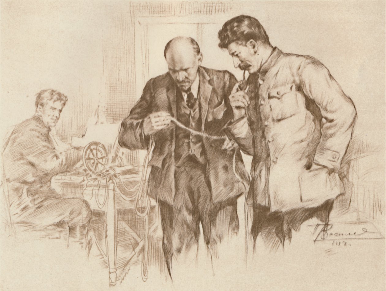 列宁和斯大林在《 Direct Wire》上，1918年，1939年。 作者 彼得·瓦西里耶夫（Pyotr Vasilyev）