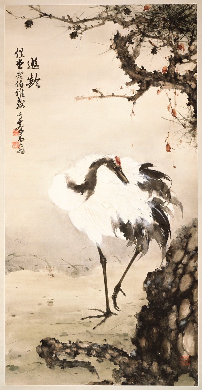在一棵松树下的起重机（纸上悬挂的卷轴，墨水和色彩） 作者 高启峰