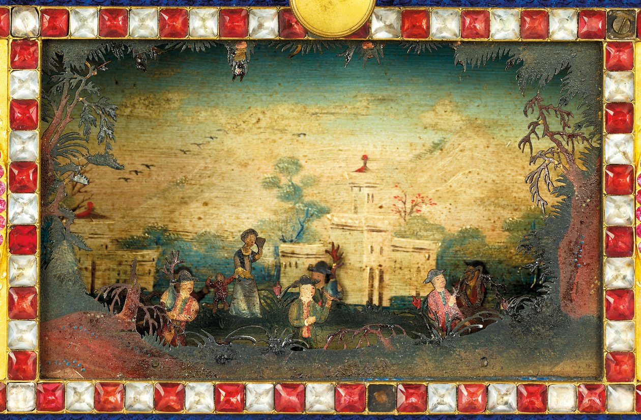 中国皇家敲击、音乐和自动 "花园 "钟，广州工场，乾隆时期（1736-1795），18世纪末（木器、珐琅和镶嵌）。 作者 清乾隆时期华文学校