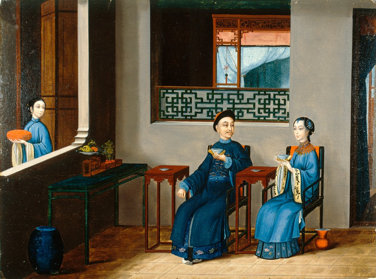 一对喝茶的夫妇，约 1800 年（布面油画） 作者 清代中文学校