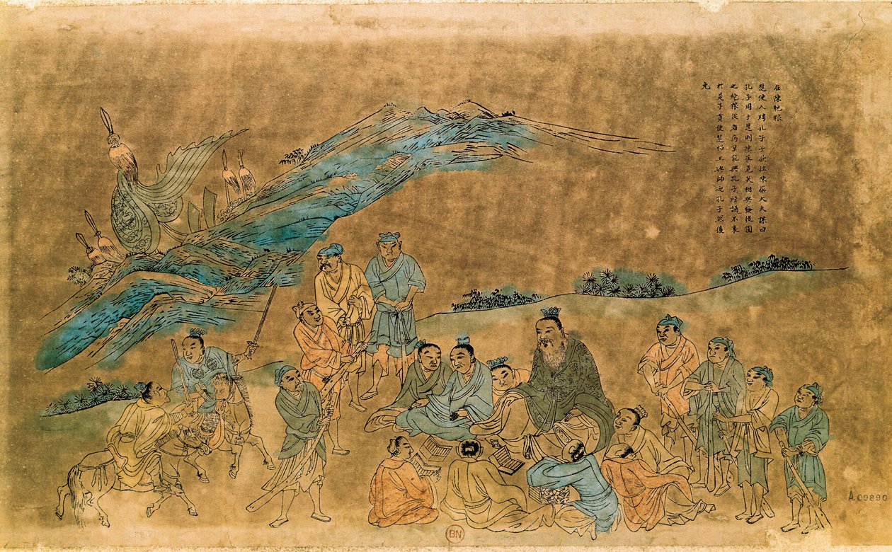 中国哲学家孔子（孔夫子）（公元前 551-479 年）围绕着他的弟子（水彩） 作者 清代中文学校
