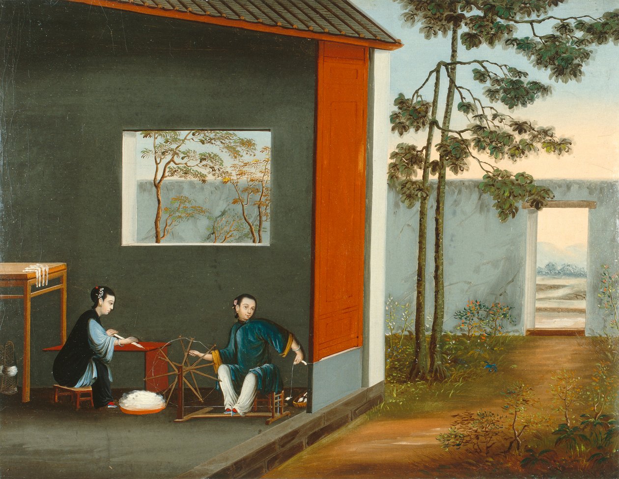 两个纺纱的女人，约 1800 年（布面油画） 作者 清代中文学校