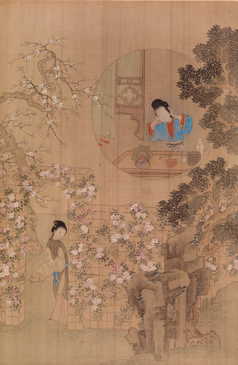 花园中的女人 - 圆形窗户中的女人 作者 仇英