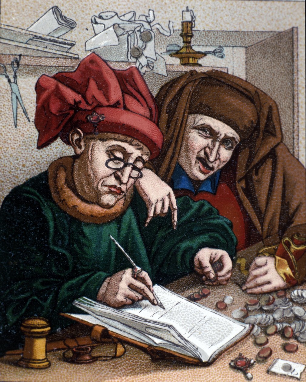 Money lenders. This activity led to the creation of banks. Illustration inspired by Metsys painting. 19th century 作者 Massys或Metsys的Quentin（之后）
