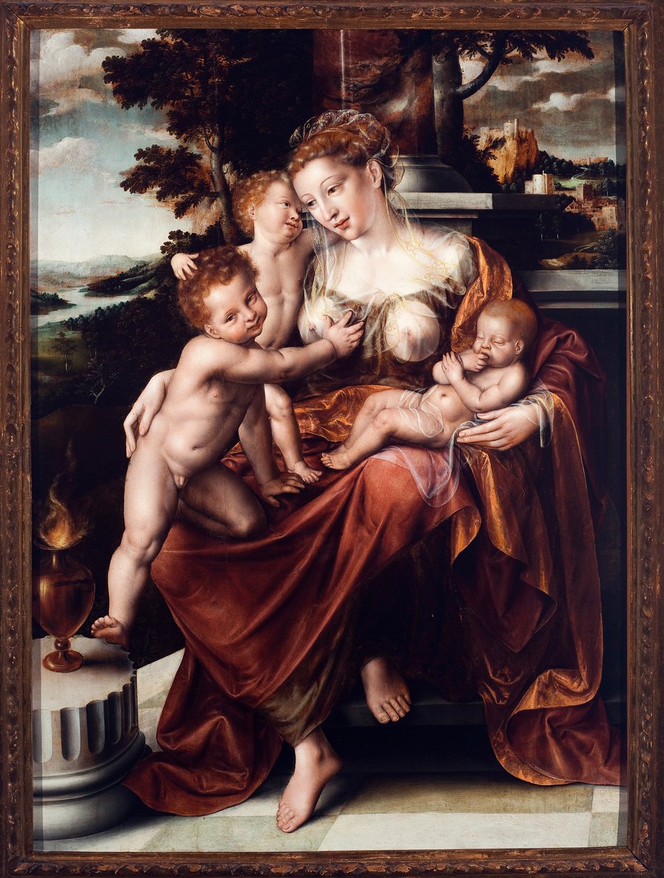 寓言慈善。 Jan Massys 的绘画（Matsys 或 Metsys 或 Matsijs）（1509-1575）1549-1550 暗淡。 126x93 厘米 Genes, Musei di Strada Nuova (ex Palazzo Bianco) 作者 Quentin Massys 或 Metsys