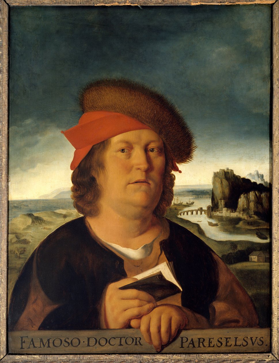 假定医生帕拉塞尔苏斯 (1493-1541) 的肖像（帕拉塞尔苏斯 Aracelsus 或 Theophrastus Bombastus Von Hohenheim）。 绘画。 Metsys Quentin (1465/1466-1530) 丢失原件后的副本。 暗：0.72 x 0.54 厘米。 卢浮宫博物馆。 - 假定的肖像 作者 Quentin Massys 或 Metsys