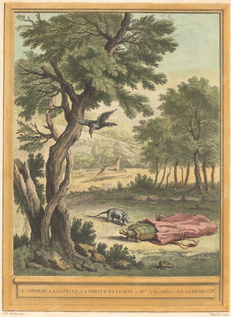 乌鸦、羚羊、乌龟和老鼠》（The Crow, the Gazelle, the Tortoise, and le rat 作者 让·巴蒂斯特·乌德里 (Jean Baptiste Oudry) 之后的昆汀·皮埃尔·切德尔