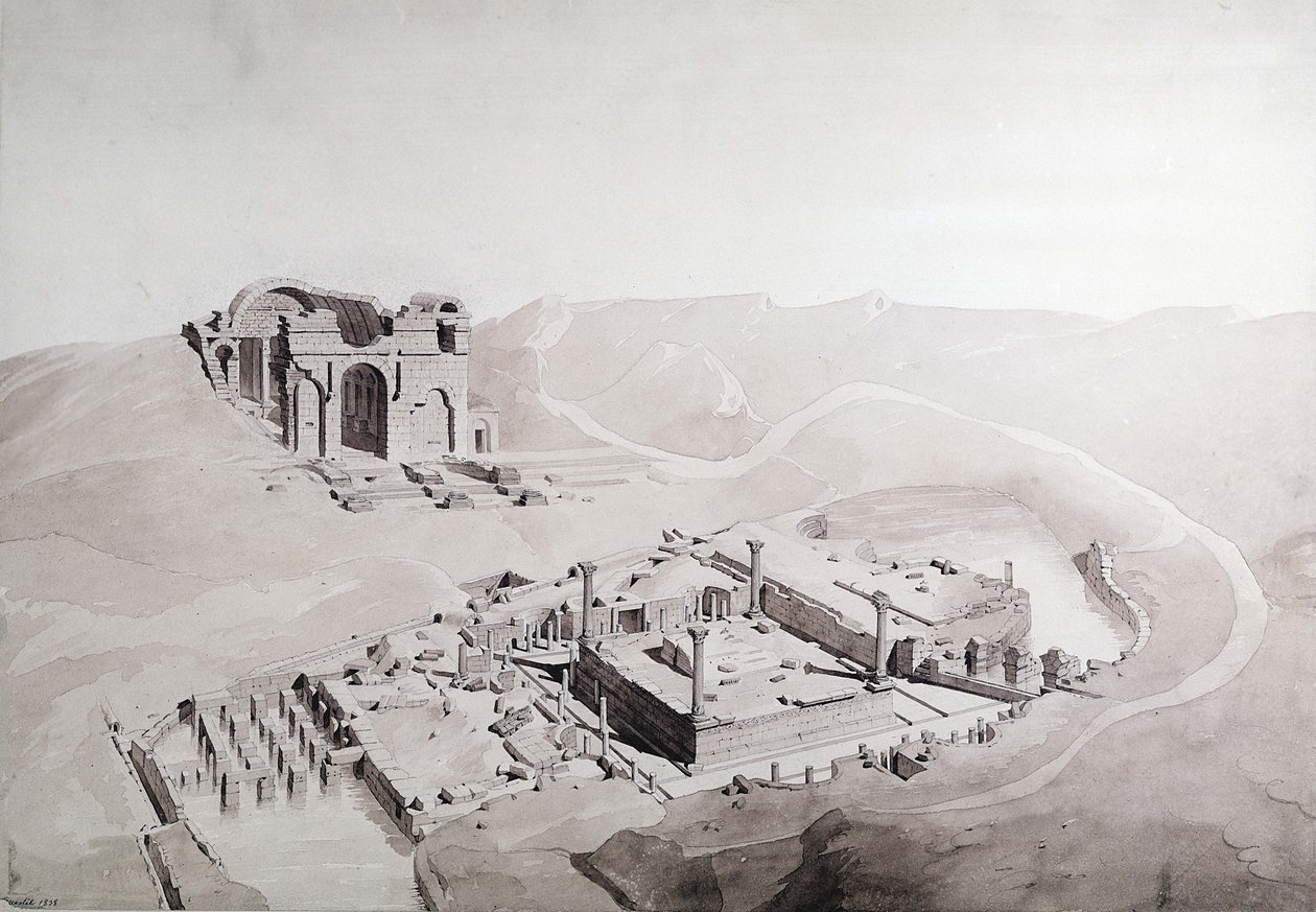 尼姆的Thermae和Nymphaeum，1838年（在纸上洗） 作者 Questel