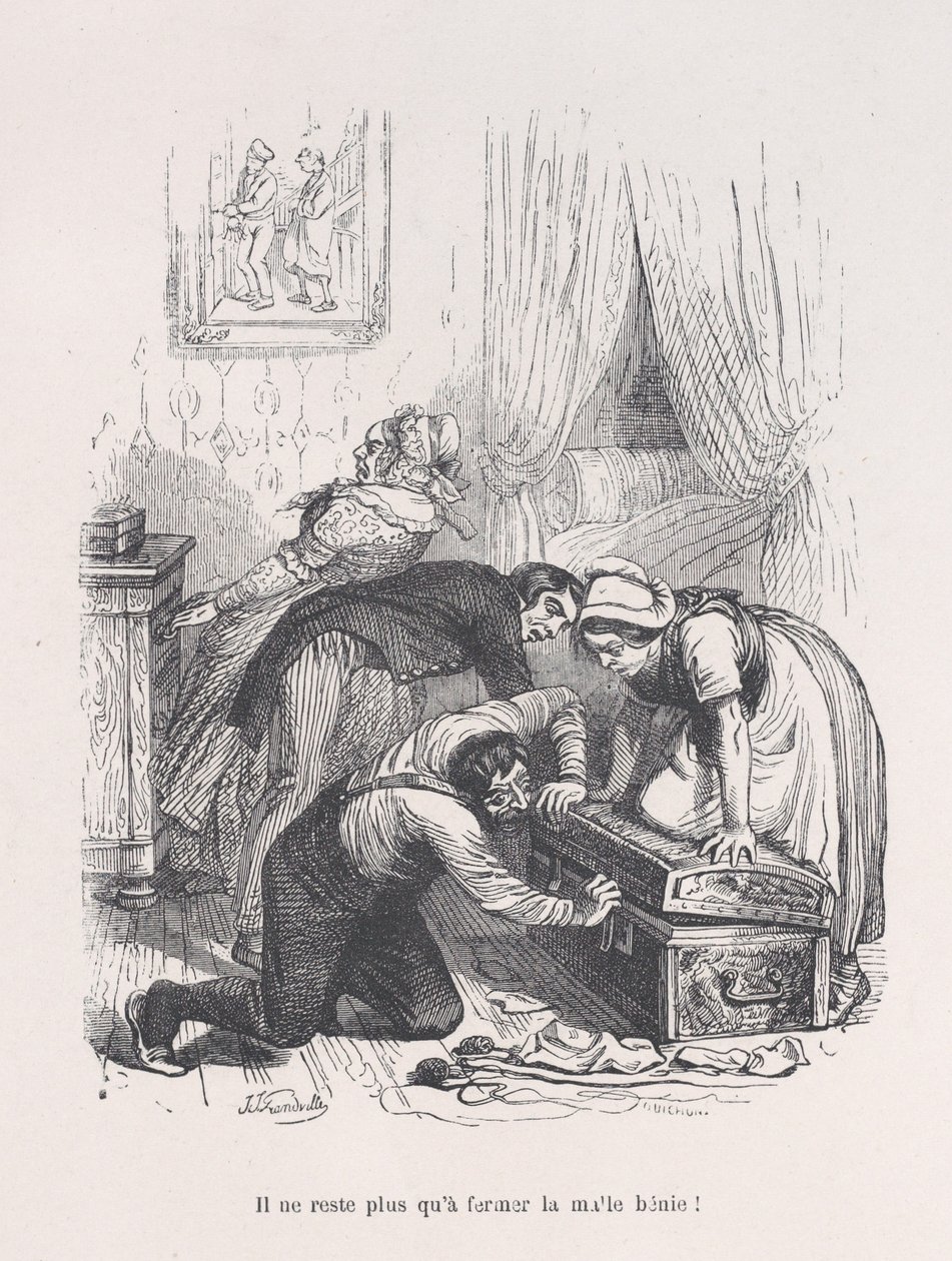 剩下的就是关上那只受祝福的箱子！来自《人类生活的小苦难》，1843年。 作者 奎雄