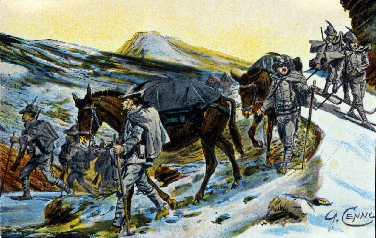第一次世界大战：1915年，一群意大利阿尔卑斯山猎人带着他们的骡子在认人。Quinto Cenni（1845-1917）的插图 作者 昆图森尼