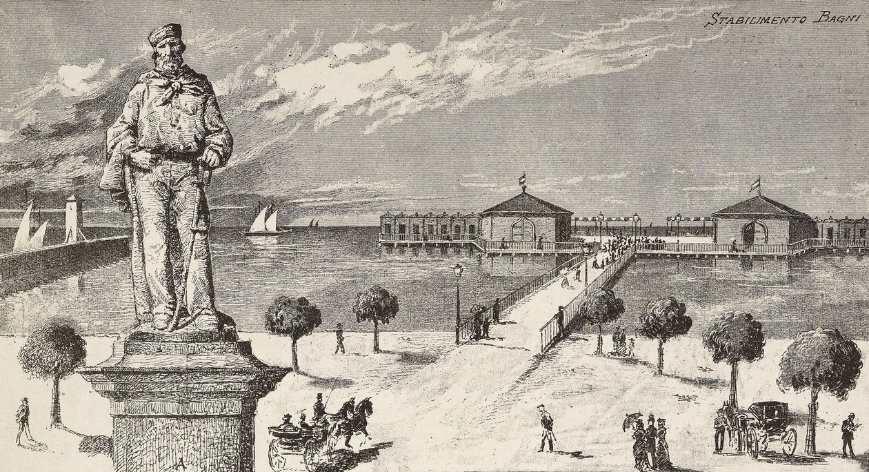 纪念意大利政治家和爱国者朱塞佩-加里波第（1807-1882）的纪念碑，背景是浴场，意大利切塞纳蒂科。 作者 昆图森尼