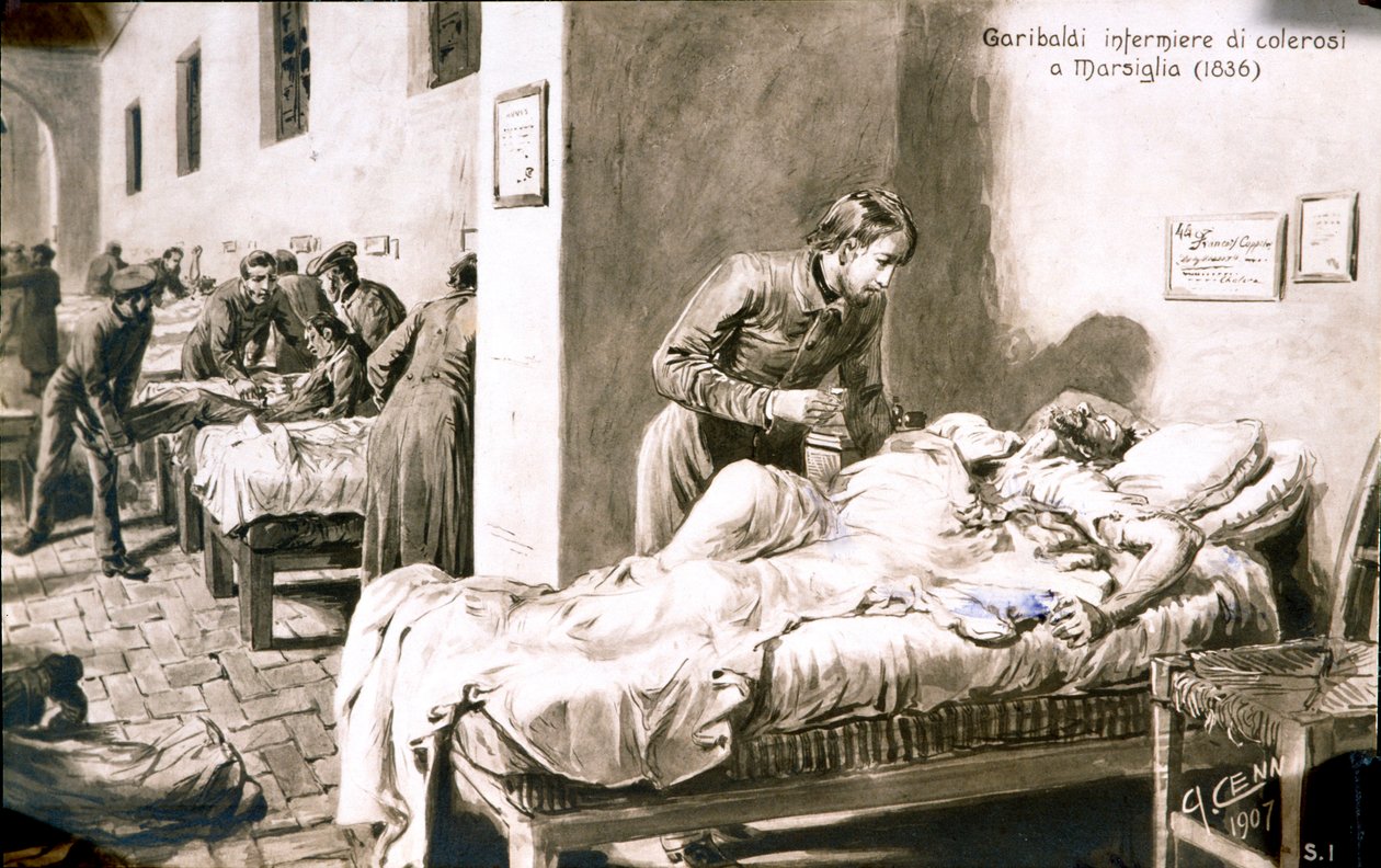 意大利爱国者朱塞佩-加里波第（1807-1882）在1836年以潘-博雷尔（Pane Borel）的名义为马赛的霍乱患者提供护理。19世纪的明信片 私人收藏 作者 昆图森尼