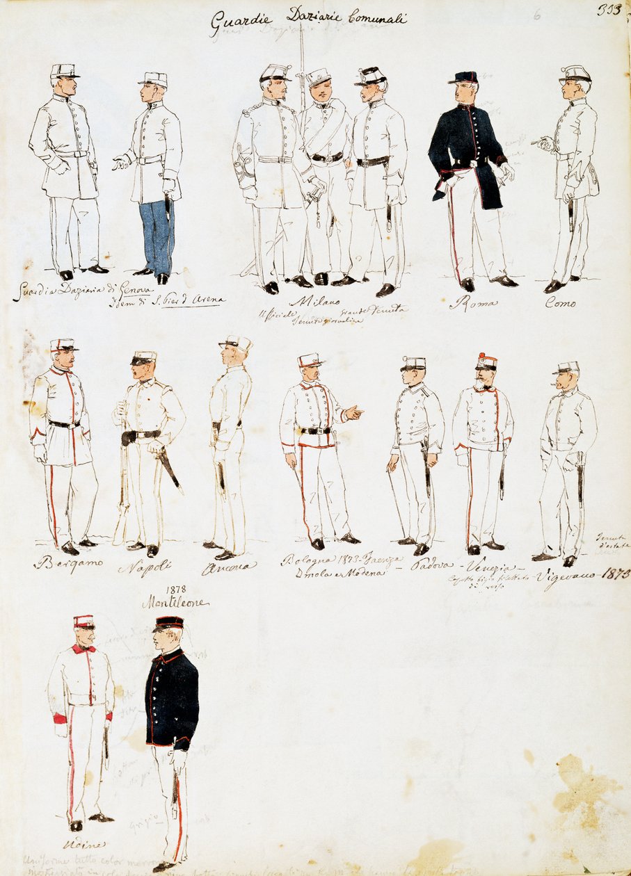 1873-1878年间意大利王国海关卫队的制服，板块来自Cenni Codex，水彩军事素描集。 作者 昆图森尼