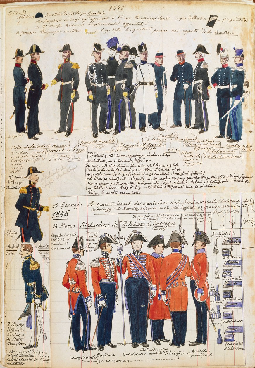 1845-1846 年的皮埃蒙特军队制服。 Cenni Quinto 的色板 作者 昆图森尼