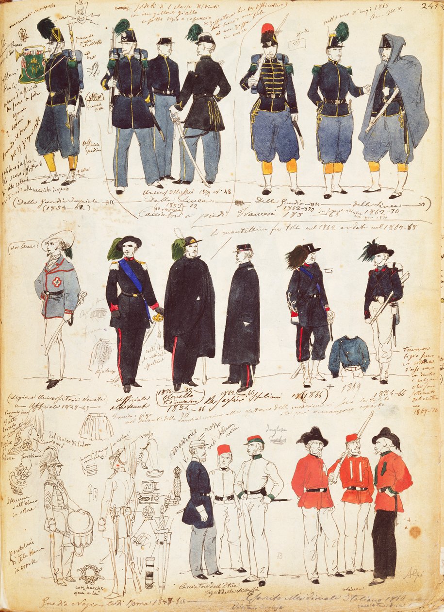 1847年至1870年期间普遍使用的各种意大利制服，由Quinto Cenni制作，彩色图版 作者 昆图森尼