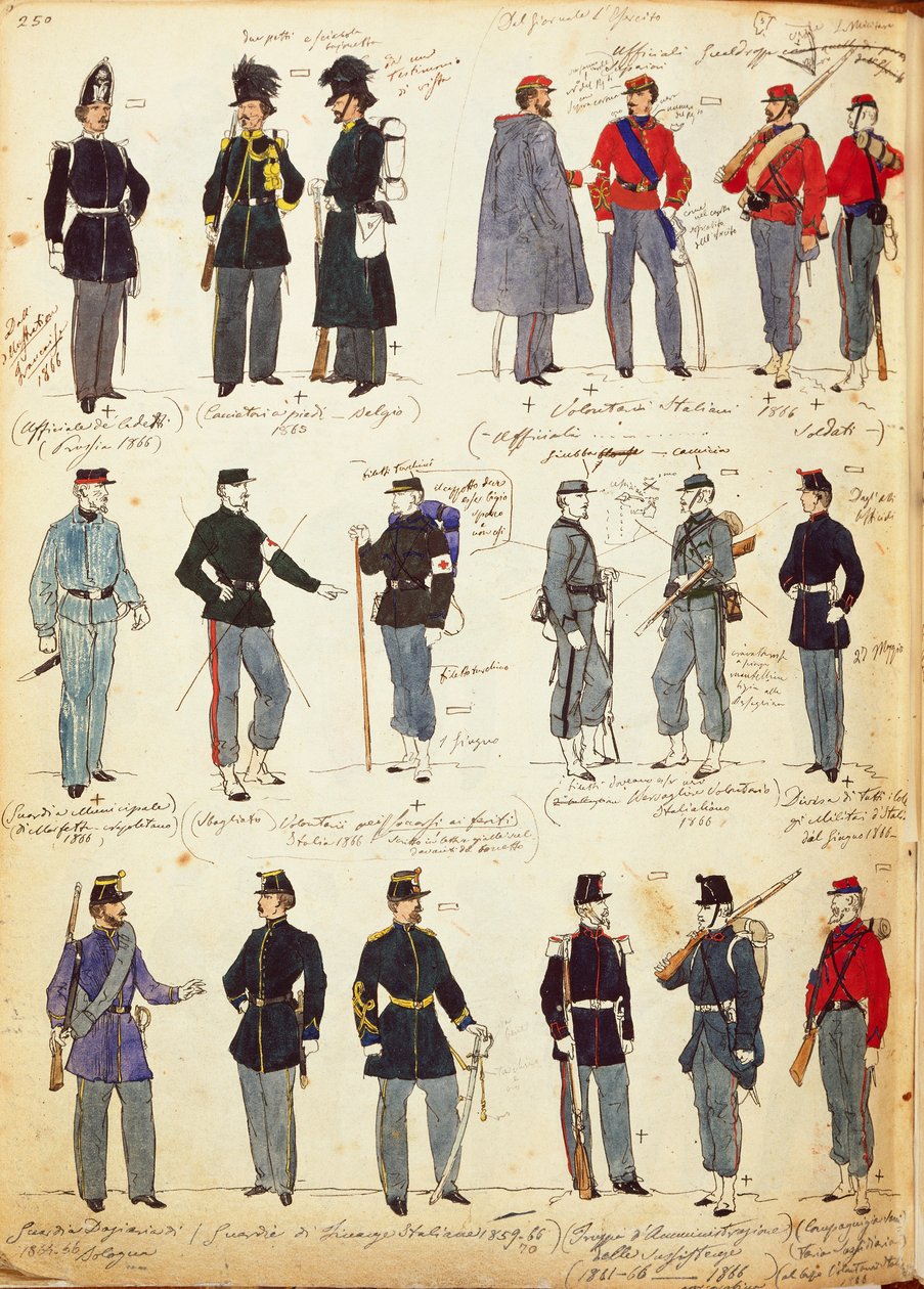 1859年至1866年期间普遍使用的各种意大利制服，由Quinto Cenni制作，彩色图版 作者 昆图森尼