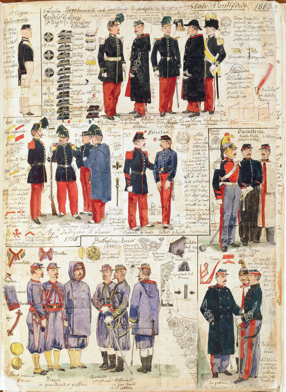 1865年教皇国的各种军服。Cenni Quinto的彩版 作者 昆图森尼