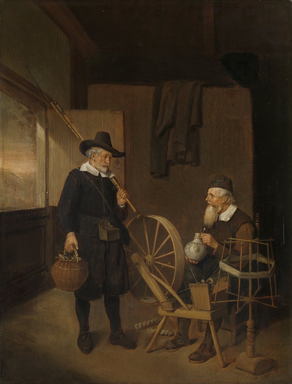 与钓鱼者和人的内部在手纺车和毛线卷轴后 作者 Quirijn van Brekelenkam