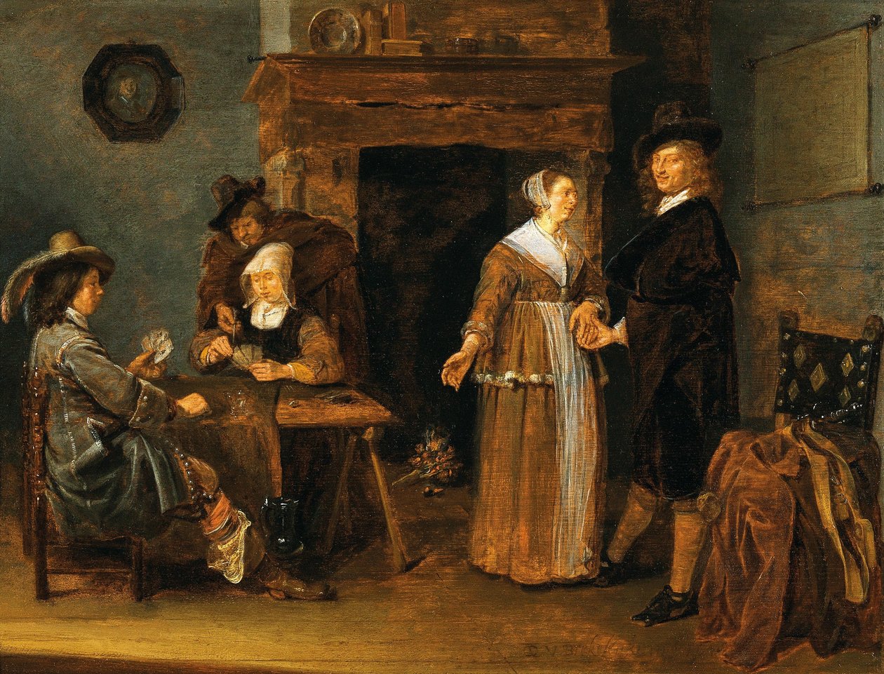 德语："Lockere Gesellschaft"，牌桌旁的两女三男 室内有玩牌者 作者 Quirijn van Brekelenkam